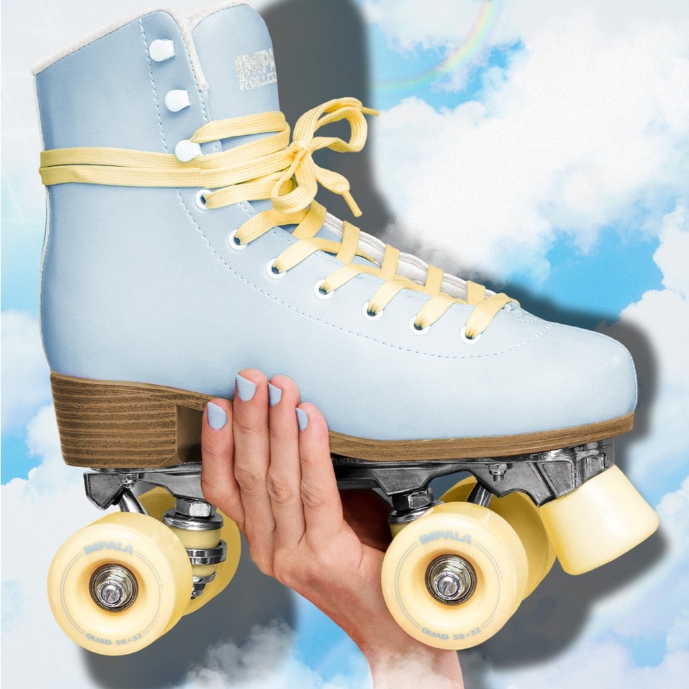 Impala Sky Blue Roller Skates with Yellow Laces, size 8